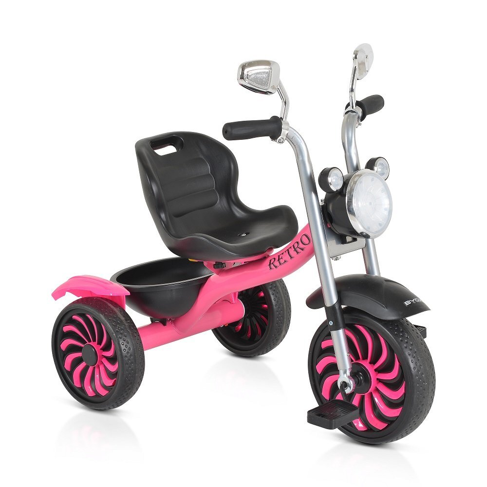 Byox Tricicleta pentru copii Retro Pink cu far luminos oglinzi cos roti din cauciuc Eva scaun reglabil de la 3 ani pana la 25 kg