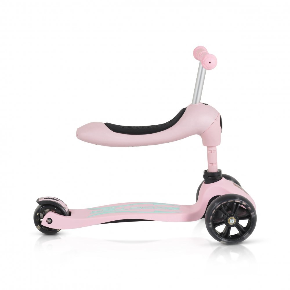 Byox Trotineta 2in1 cu scaunel transformabila in vehicul fara pedaleinaltime ghidon reglabila pe 3 nivele de inaltime si roti cu lumini LED Skiddy Pink