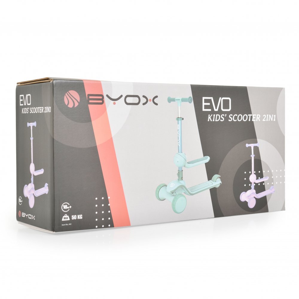 Byox Trotineta 2in1 pentru copii Evo Pink de la 18 luni cu scaunel pliabil roti ABEC-5 din PU cu lumini LED Ghidon cu inaltime reglabila 63-75 cm si frana spate