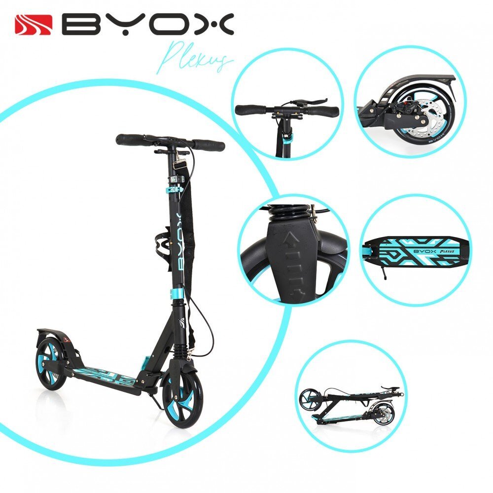 Byox Trotineta cu cadru din aluminiu3 nivele de reglare a inaltimiiroti PUsuspensiifrana de mana pe discde la 10 ani pana la 100kg Plexus Limited Edition turqouize cu suport sticla si centura transport incluse