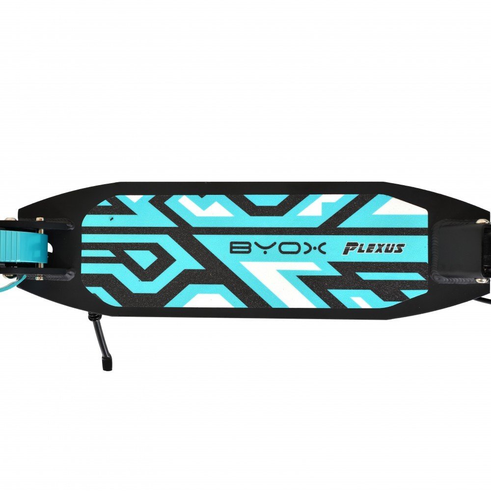 Byox Trotineta cu cadru din aluminiu3 nivele de reglare a inaltimiiroti PUsuspensiifrana de mana pe discde la 10 ani pana la 100kg Plexus Limited Edition turqouize cu suport sticla si centura transport incluse