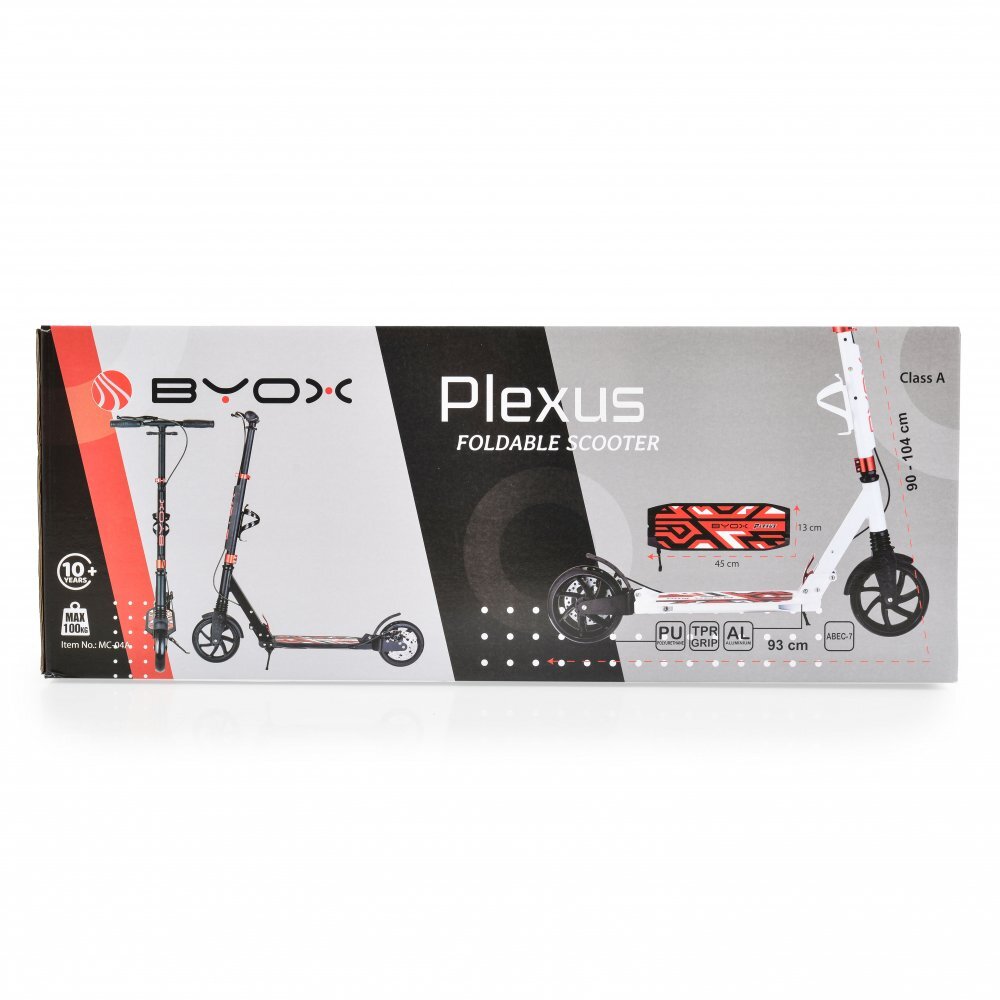 Byox Trotineta cu cadru din aluminiu3 nivele de reglare a inaltimiiroti PUsuspensiifrana de mana pe discde la 10 ani pana la 100kg Plexus White cu suport sticla si centura transport incluse