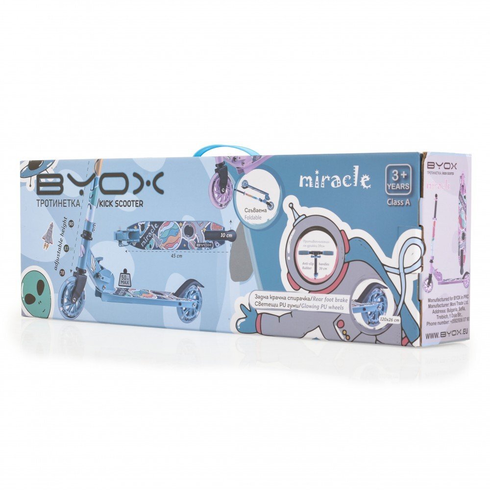 Byox Trotineta din aluminiu Miracle Blue pliabila inaltime reglabila roti Led sonerie greutate admisa 50 kg