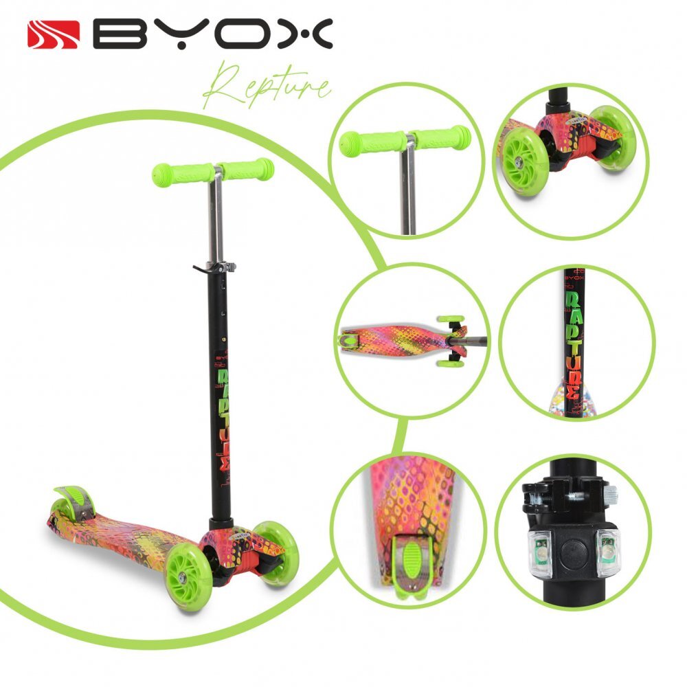 Byox Trotineta intuitiva cu inaltime ghidon reglabilacadru din aluminiuroti din PU cu luminilumin frontalede la 3 ani si pana la 40kg Rapture Green