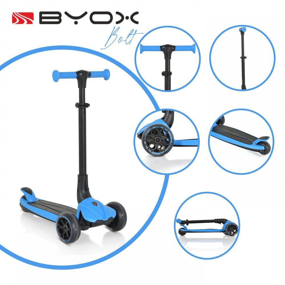 Byox Trotineta pentru copii Bolt Albastru pliabilacadru din aluminiuinaltime ghidon reglabila pe 3niveleroti PU si baza cu lumini LED de la 3ani si pana la 50kg