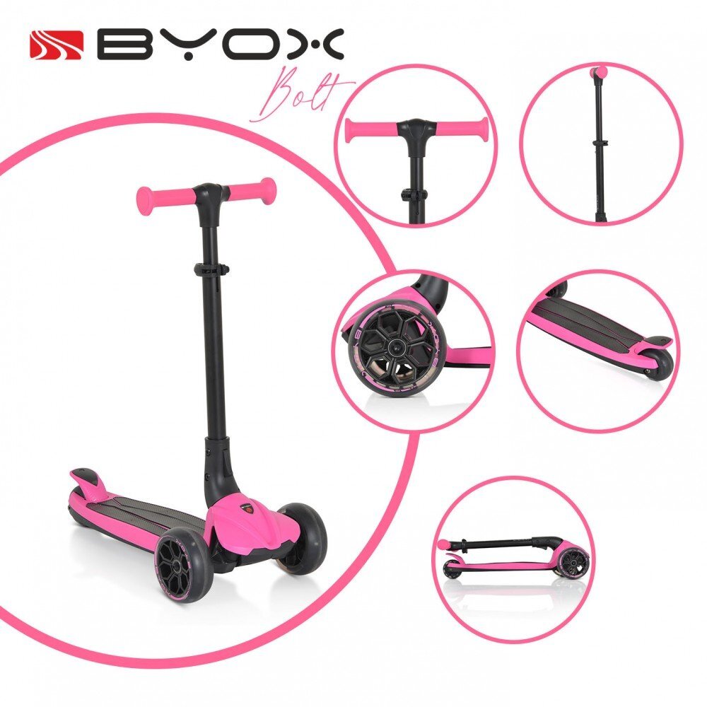 Byox Trotineta pentru copii Bolt Pink pliabilacadru din aluminiuinaltime ghidon reglabila pe 3niveleroti PU si baza cu lumini LED de la 3ani si pana la 50kg