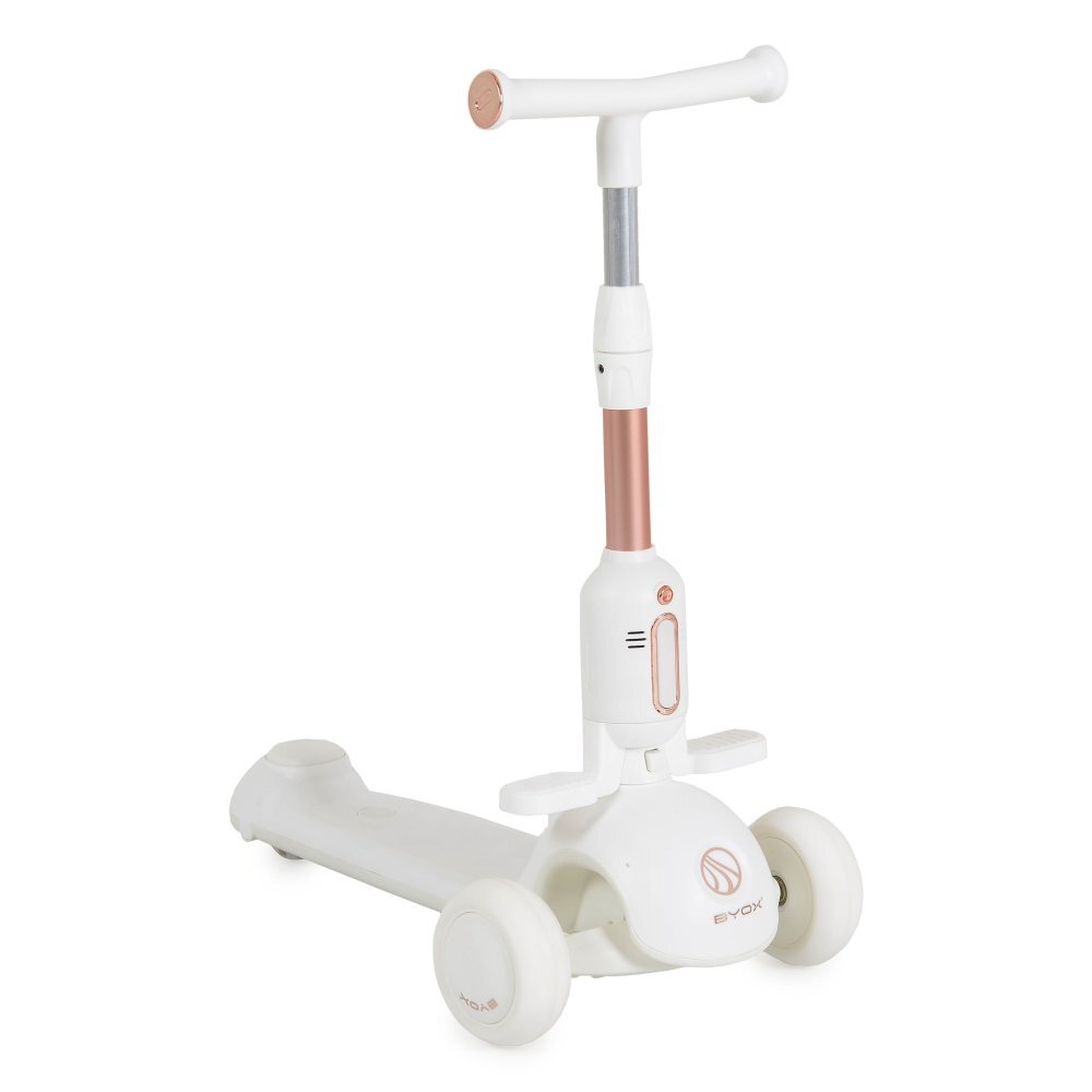 Byox Trotineta pentru copii Velvet Royal White 2in1 cu scaunel detasabilSuport picioare incorporatRoti din PUGhidon cu inaltime reglabilaEfecte muzicale si luminoaseFrana pe roata din spateRecomandata de la 3 ani