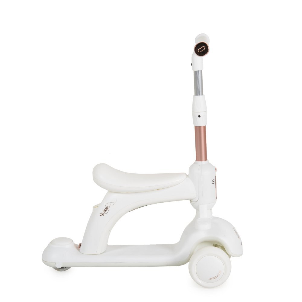 Byox Trotineta pentru copii Velvet Royal White 2in1 cu scaunel detasabilSuport picioare incorporatRoti din PUGhidon cu inaltime reglabilaEfecte muzicale si luminoaseFrana pe roata din spateRecomandata de la 3 ani