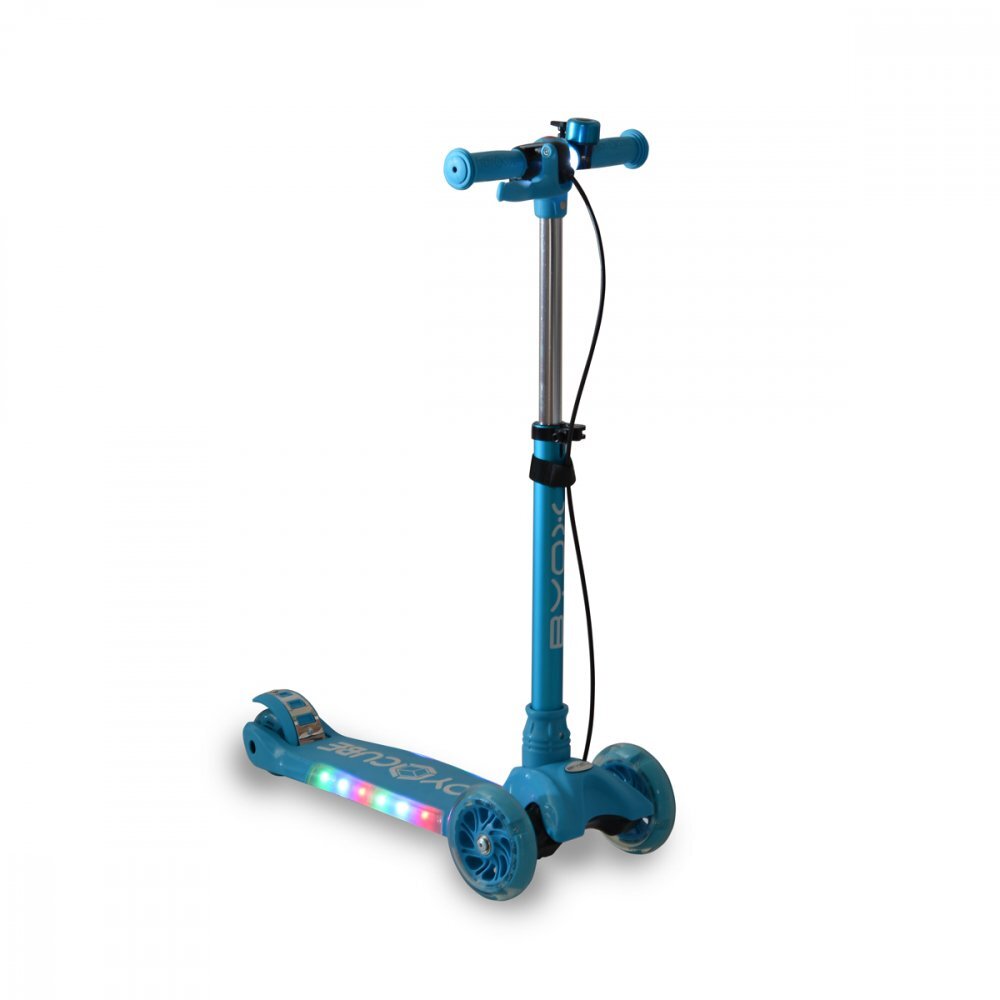 Byox Trotineta pliabila cu inaltime reglabilabaza antiderapanta cu lumini LEDroti cu lumini LEDfrana de manade la 3 ani si pana la 50 kgmuzicafar si clopotel Toy Cube Blue