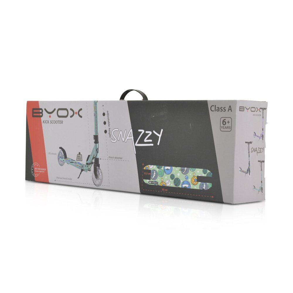 Byox Trotineta pliabila pentru copii Snazzy Mov de la 8 aniCadru din aluminiuAmortizor frontalRoti ABEC-7 din PU cu lumini LEDInaltime ghidon ajustabila 75-89 cmBaza antialunecareFrana de mana si cric inclus