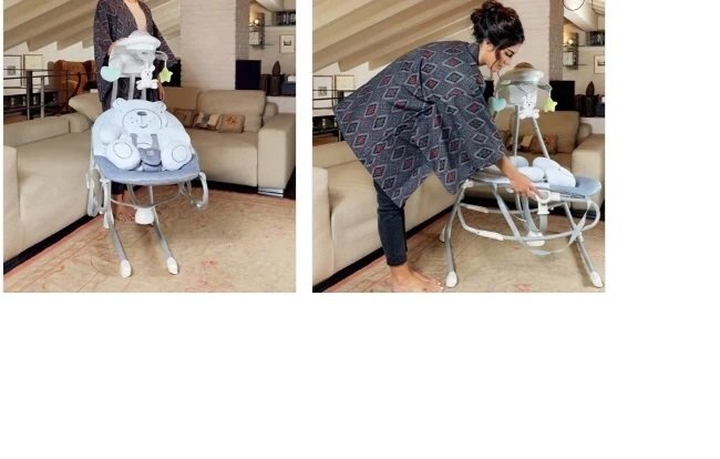 CAM Balansoar 2 in 1 Orso Grigio cu melodii si sunete 4 viteze pentru leganare bebe si proiector de lumina