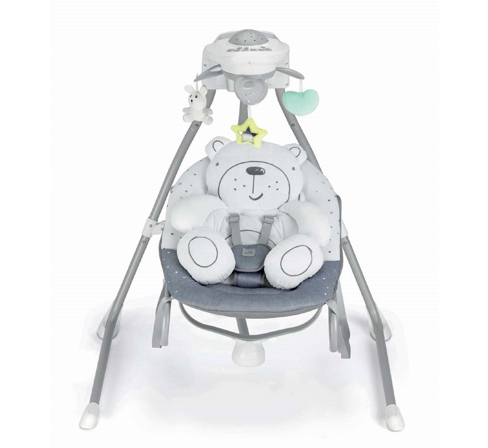 CAM Balansoar 2 in 1 Orso Grigio cu melodii si sunete 4 viteze pentru leganare bebe si proiector de lumina