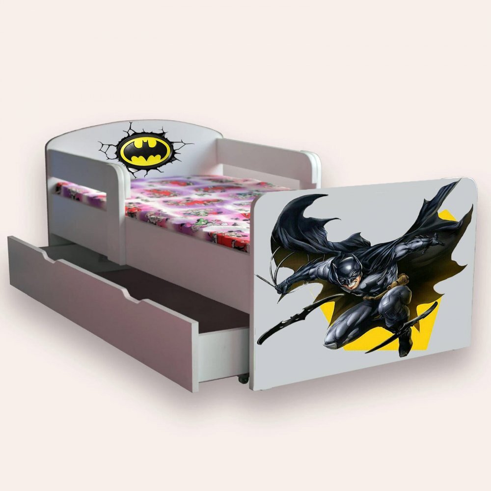 CameraMagica Pat pentru copii Batman cu manere sertar si saltea 2-12 ani 160x80 cm
