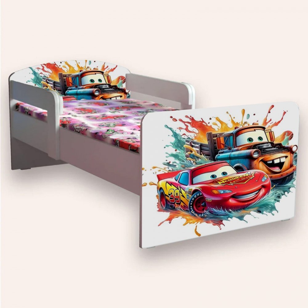 CameraMagica Pat pentru copii Cars Fulger Mcqueen si Bucsa cu manere si saltea 2-6 ani 130x60 cm
