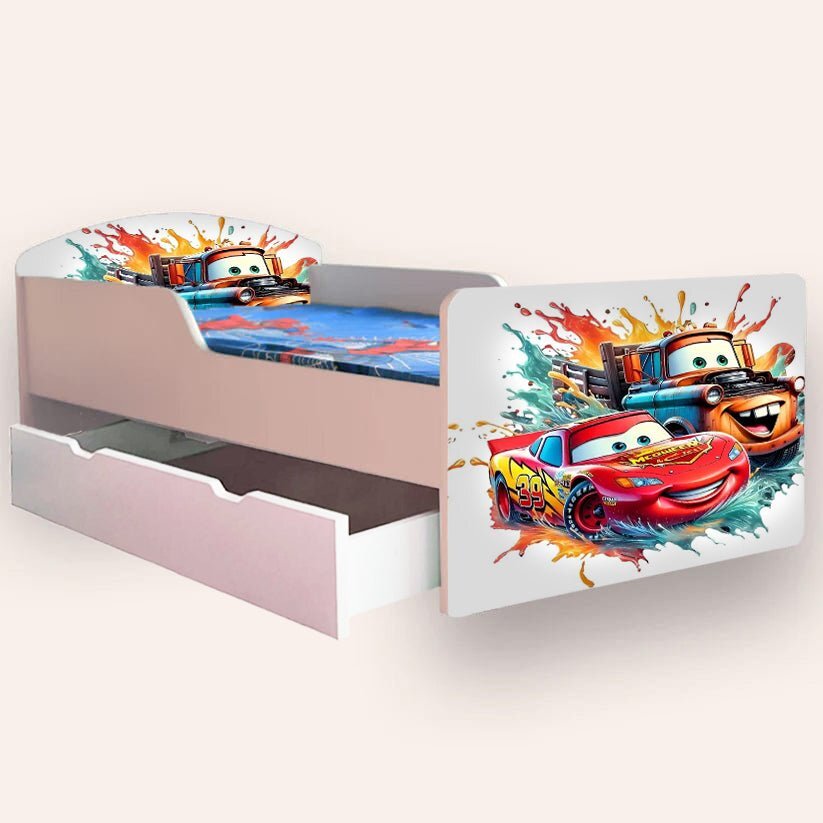 CameraMagica Pat pentru copii Cars Fulger Mcqueen si Bucsa cu sertar si saltea 2-12 ani 160x80 cm