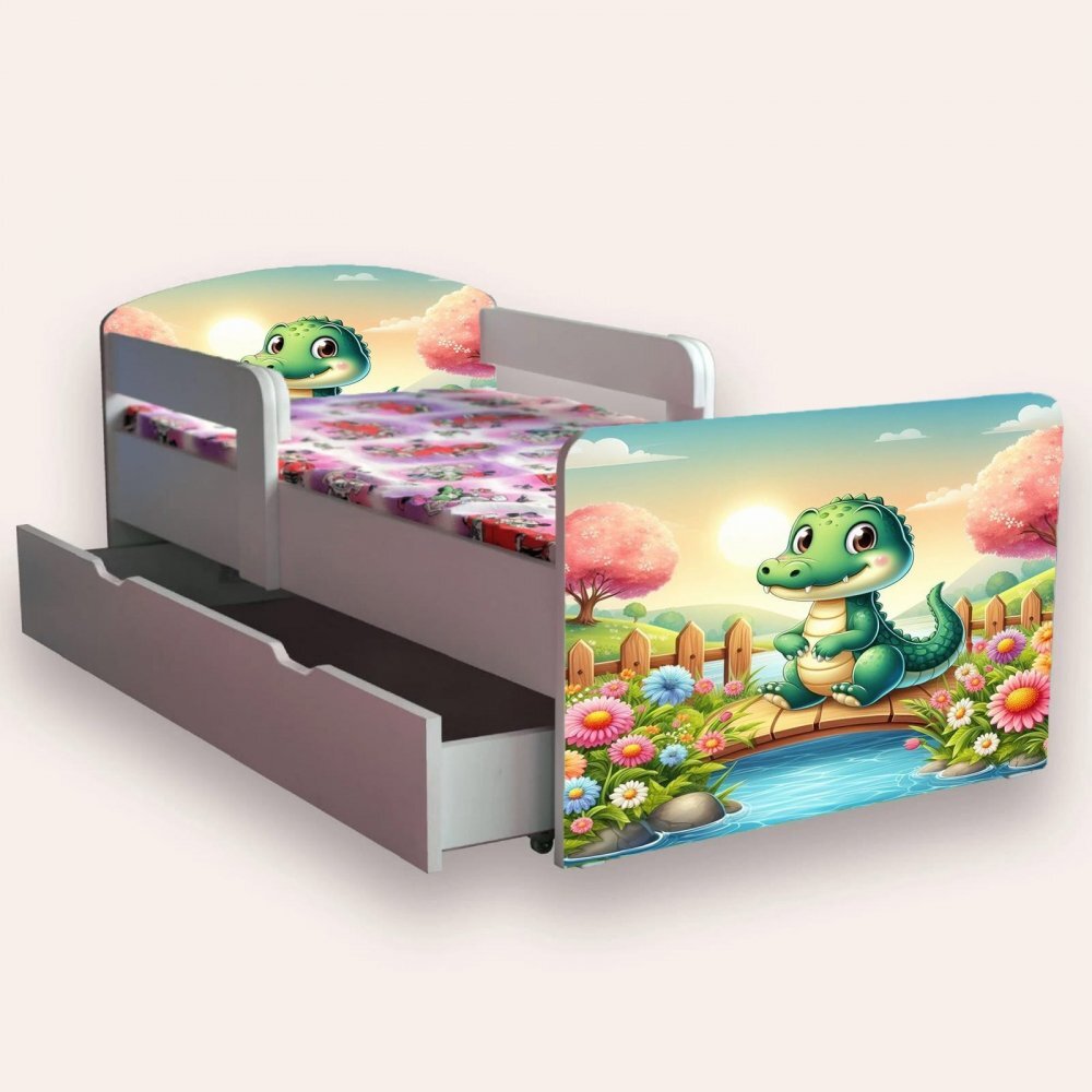 CameraMagica Pat pentru copii Crocodil cu manere si sertar 2-6 ani 130x60 cm