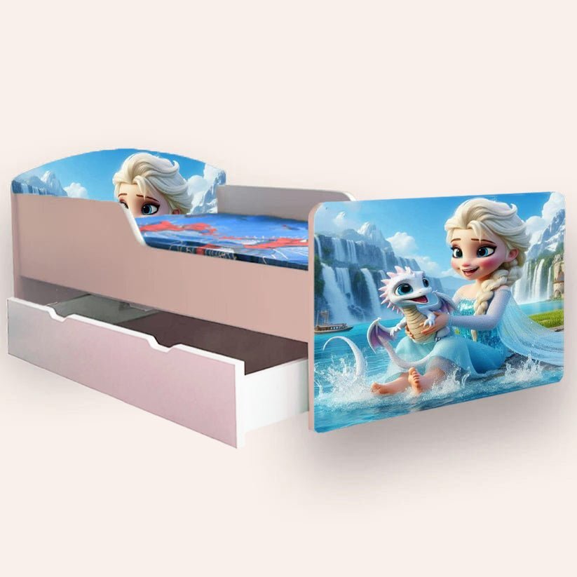 CameraMagica Pat pentru copii Elsa si dragonul cu sertar si saltea 2-6 ani 130x60 cm