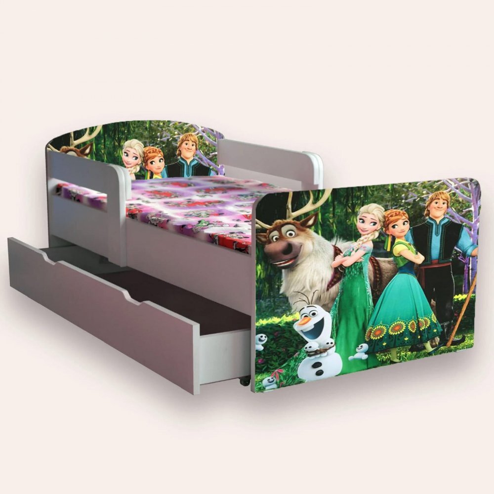 CameraMagica Pat pentru copii Frozen varianta 2 cu manere sertar si saltea 2-6 ani 130x60 cm