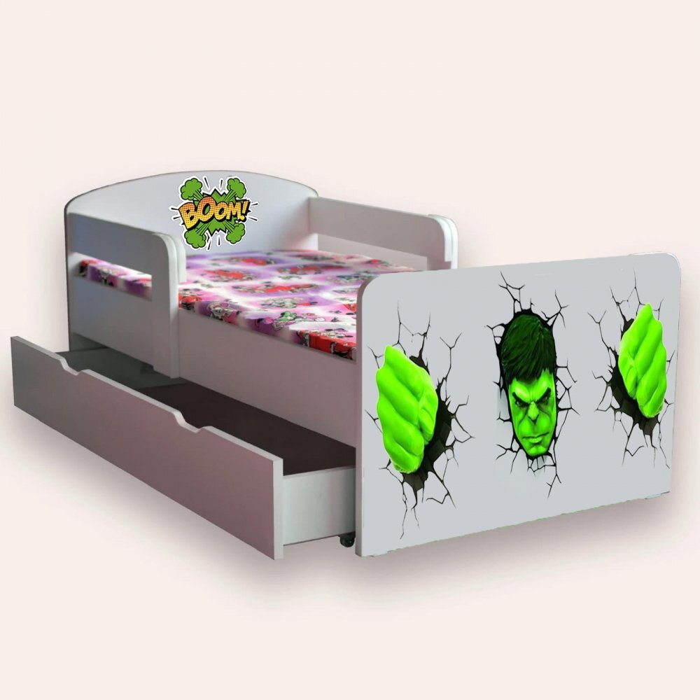 CameraMagica Pat pentru copii Halk cu manere si sertar 2-6 ani 130x60 cm
