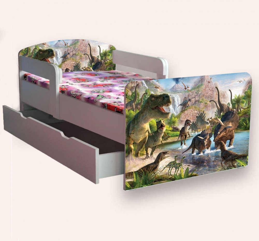 CameraMagica Pat pentru copii Jurassic Park cu manere sertar si saltea 2-6 ani 130x60 cm