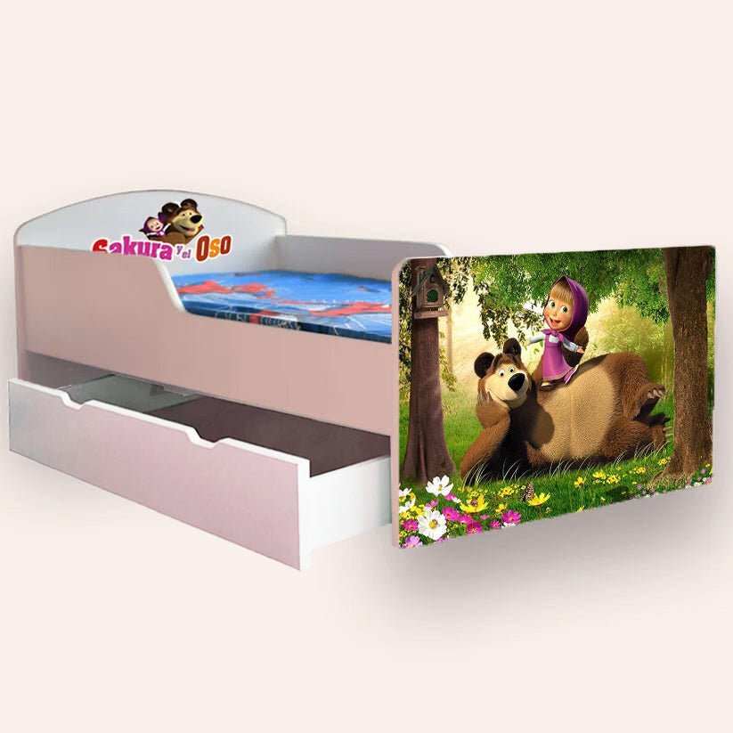 CameraMagica Pat pentru copii Masha si ursul cu sertar si saltea 2-6 ani 130x60 cm