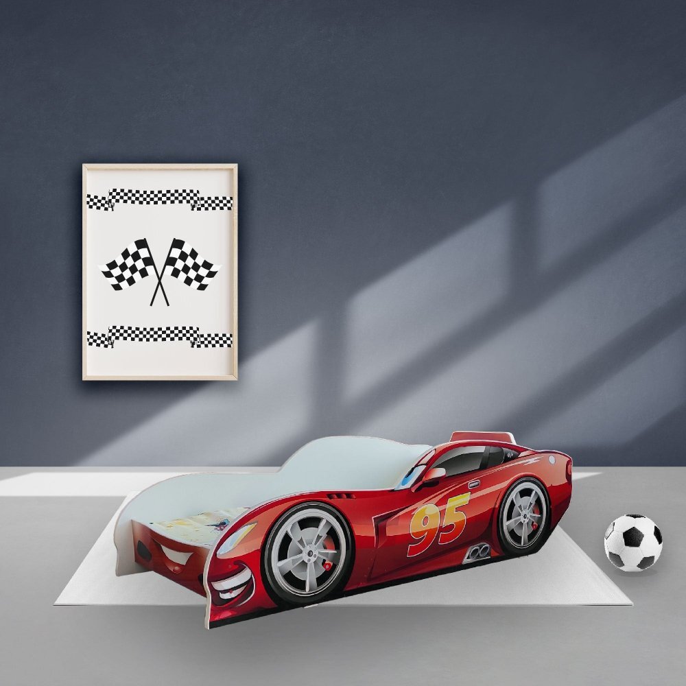 CameraMagica Pat pentru copii masina Fulger McQueen Alb cu saltea 2-8 ani 140x70 cm