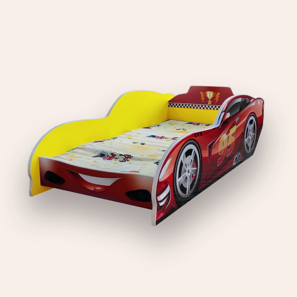 CameraMagica Pat pentru copii masina Fulger McQueen Galben cu saltea 2-12 ani 160x80 cm