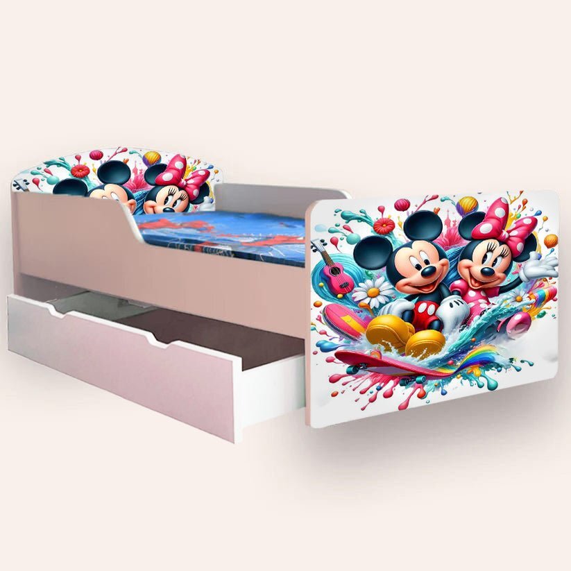 CameraMagica Pat pentru copii Mickey si Minnie cu sertar si saltea 2-12 ani 160x80 cm