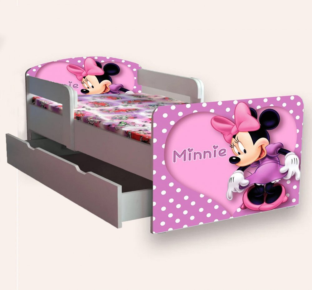 CameraMagica Pat pentru copii Minnie Mouse varianta 2 cu manere sertar si saltea 2-6 ani 130x60 cm