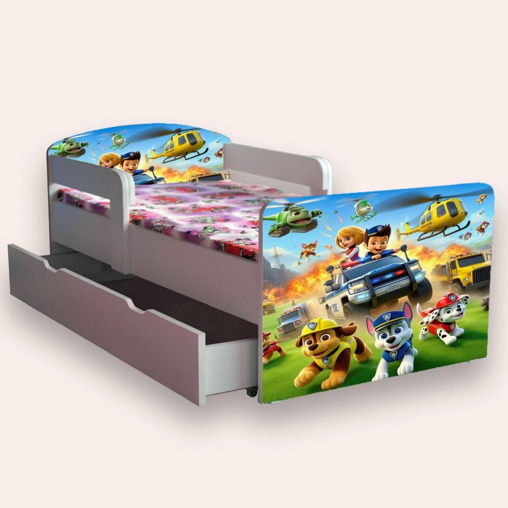 CameraMagica Pat pentru copii Paw Patrol varianta 3 cu manere sertar si saltea 2-12 ani 160x80 cm