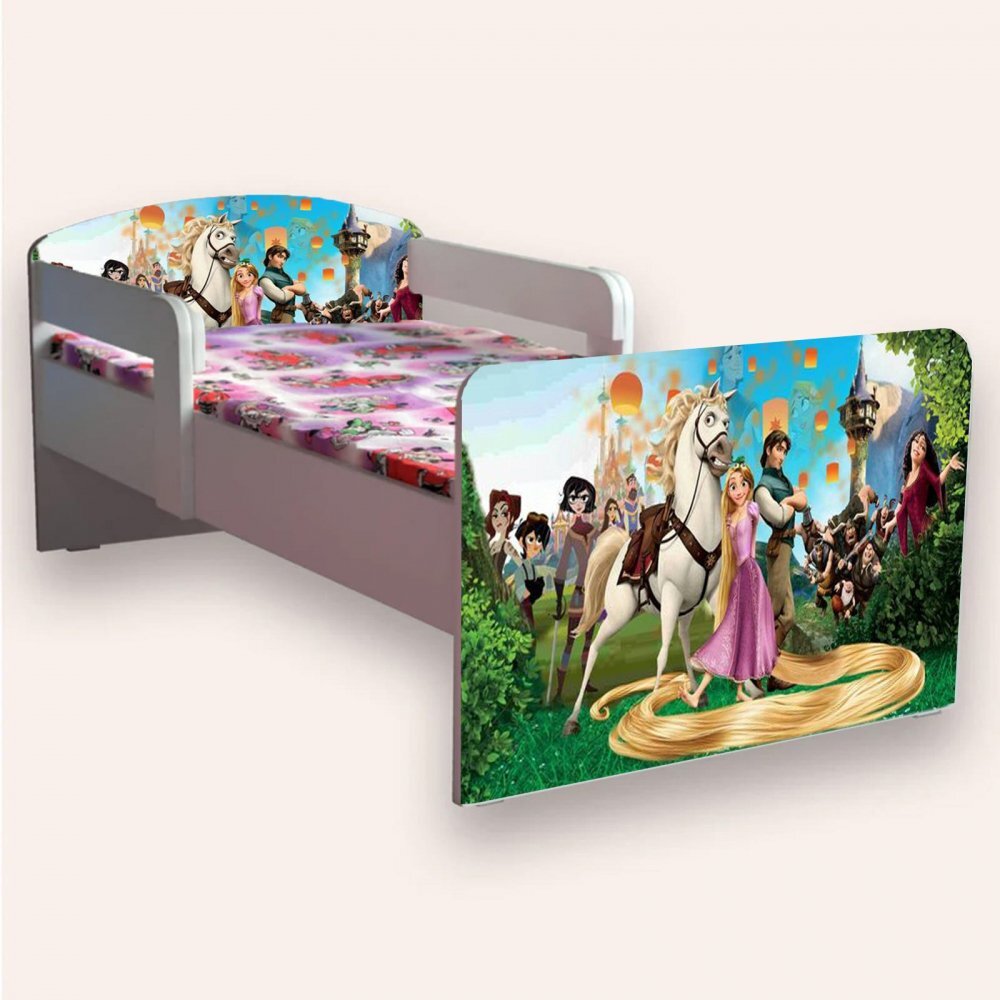 CameraMagica Pat pentru copii Rapunzel cu manere si saltea 2-12 ani 160x80 cm