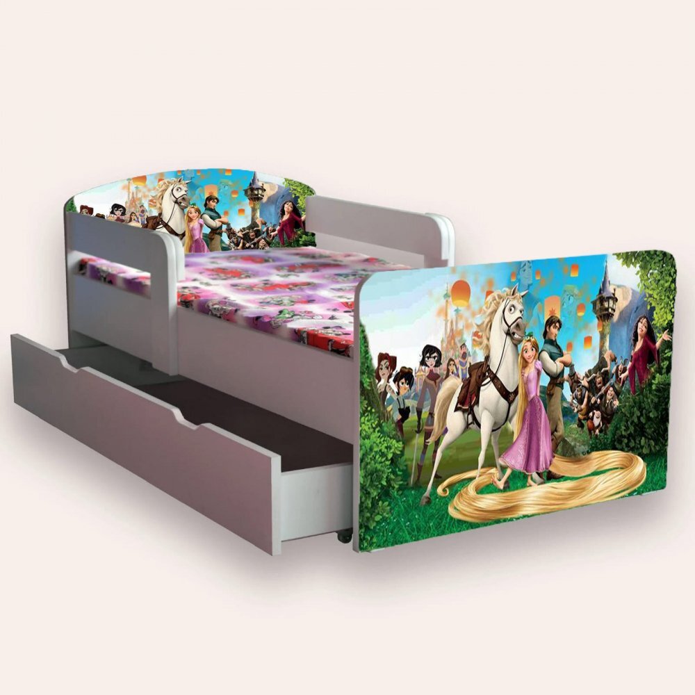 CameraMagica Pat pentru copii Rapunzel cu manere si sertar 2-12 ani 160x80 cm
