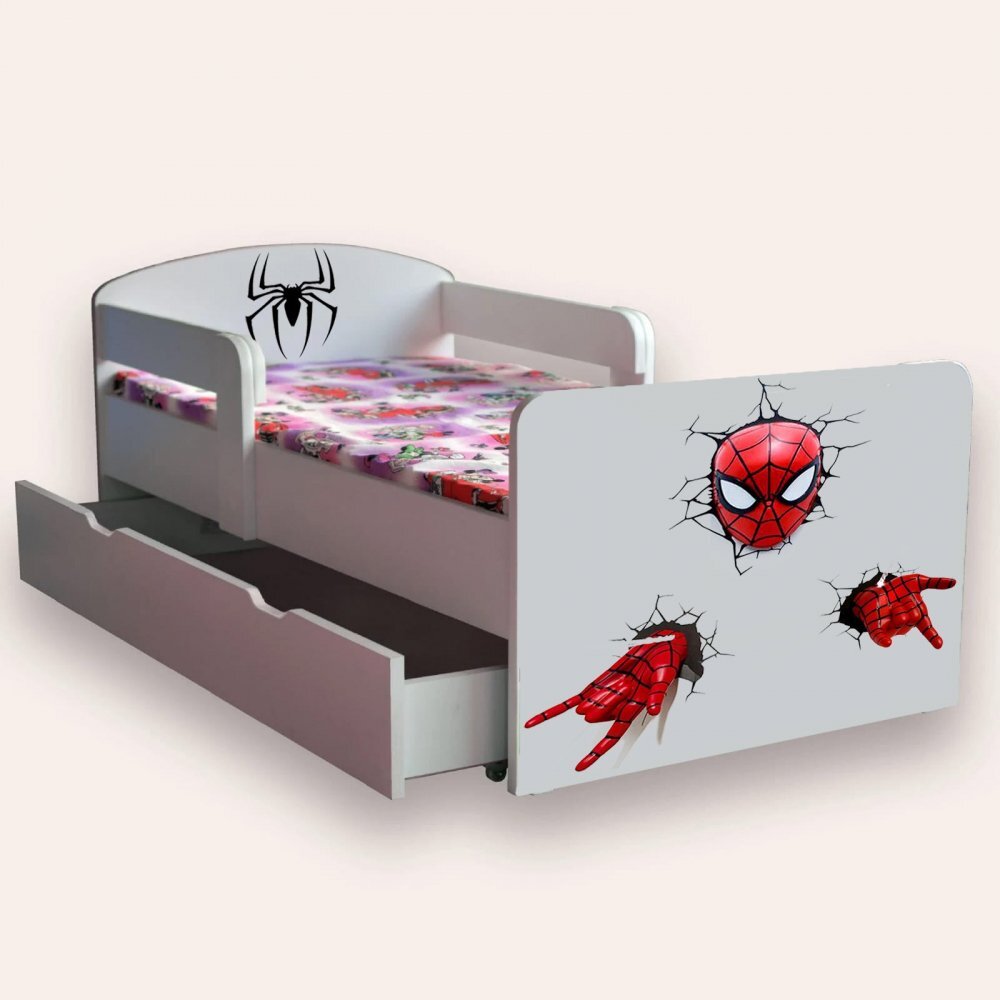CameraMagica Pat pentru copii Spider Man cu manere si sertar 2-8 ani 140x70 cm