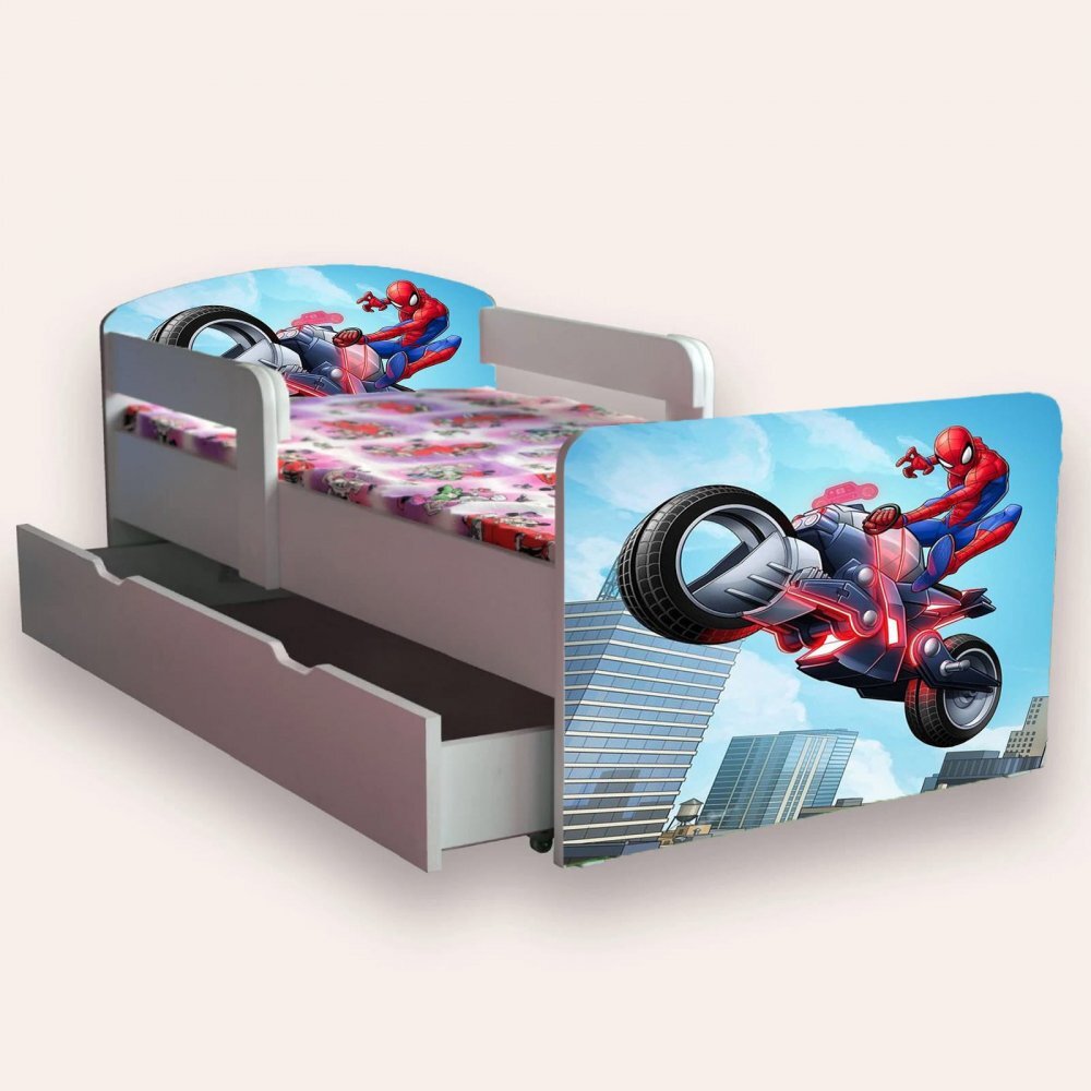 CameraMagica Pat pentru copii Spider Man varianta 3 cu manere sertar si saltea 2-12 ani 160x80 cm
