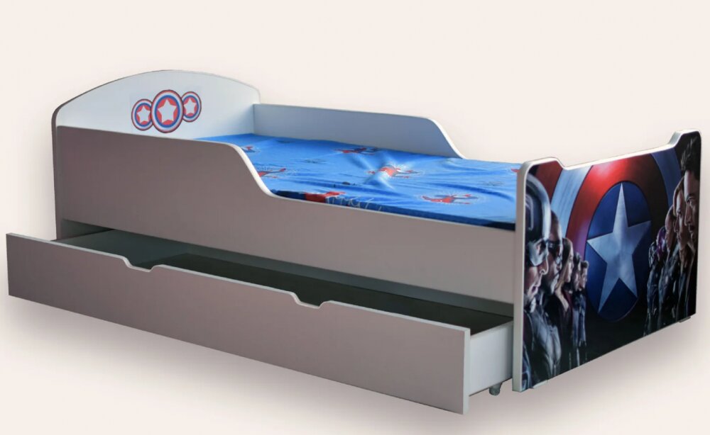 CameraMagica Pat pentru copii The Avengers cu sertar si saltea 2-12 ani 160x80 cm