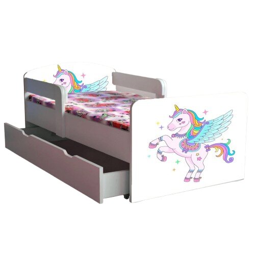 CameraMagica Pat pentru copii Unicorn cu sertar si saltea 2-12 ani 160x80 cm