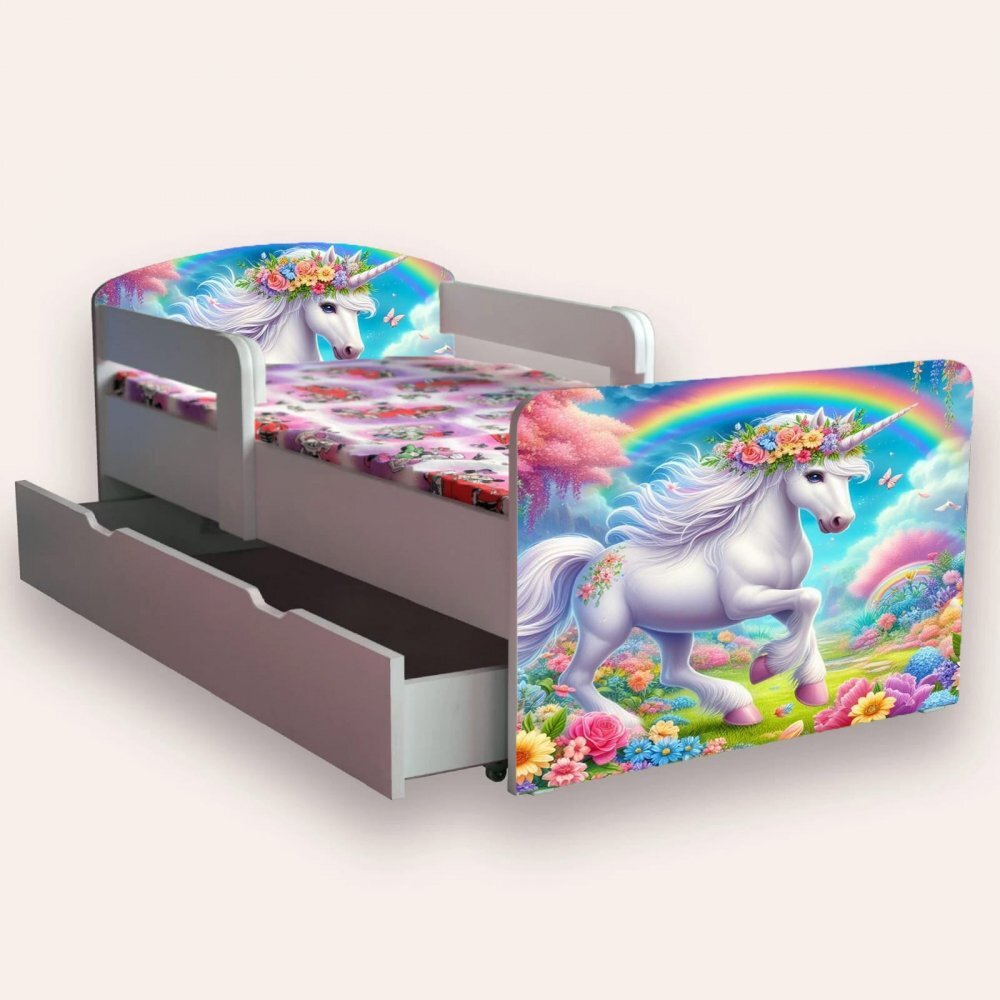 CameraMagica Pat pentru copii Unicorni varianta 2 cu manere si sertar 2-12 ani 160x80 cm