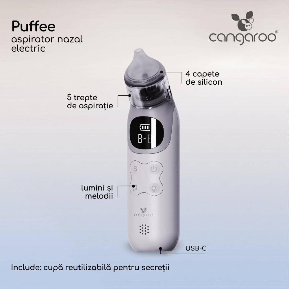 CANGAROO Aspirator nazal electric pentru bebelusicopii Puffee cu lumini si sunete 5 nivele aspirare afisaj LCD 4 capete din silicon