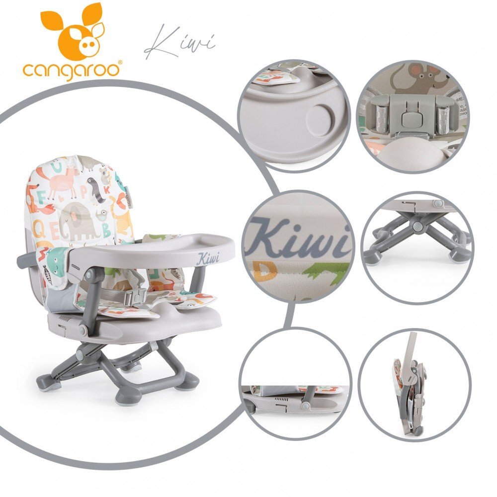CANGAROO Inaltator de masa booster pentru copii Kiwi ABCpliere compacta cu maner transportinaltime reglabila 4 nivelepicioare antiderapantemasuta detasabila cu compartiment paharhusa impermeabilacenturi de siguranta