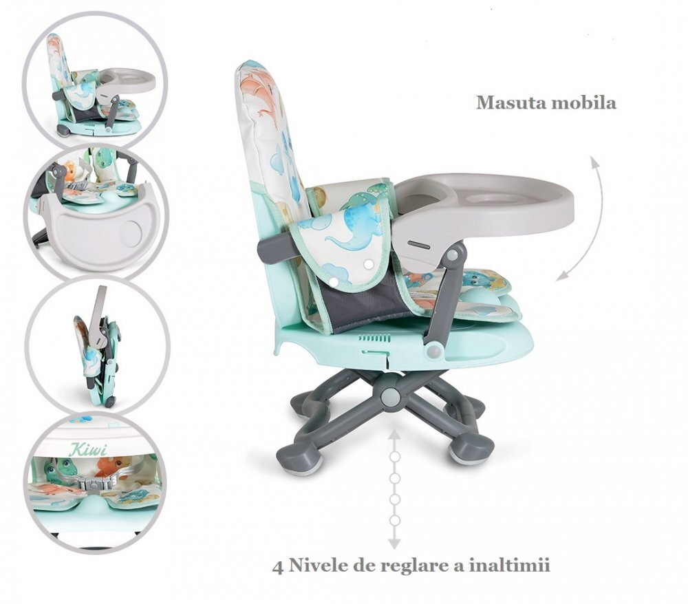 CANGAROO Inaltator de masa booster pentru copii Kiwi Dinospliere compacta cu maner transportinaltime reglabila 4 nivelepicioare antiderapantemasuta detasabila cu compartiment paharhusa impermeabilacenturi de siguranta