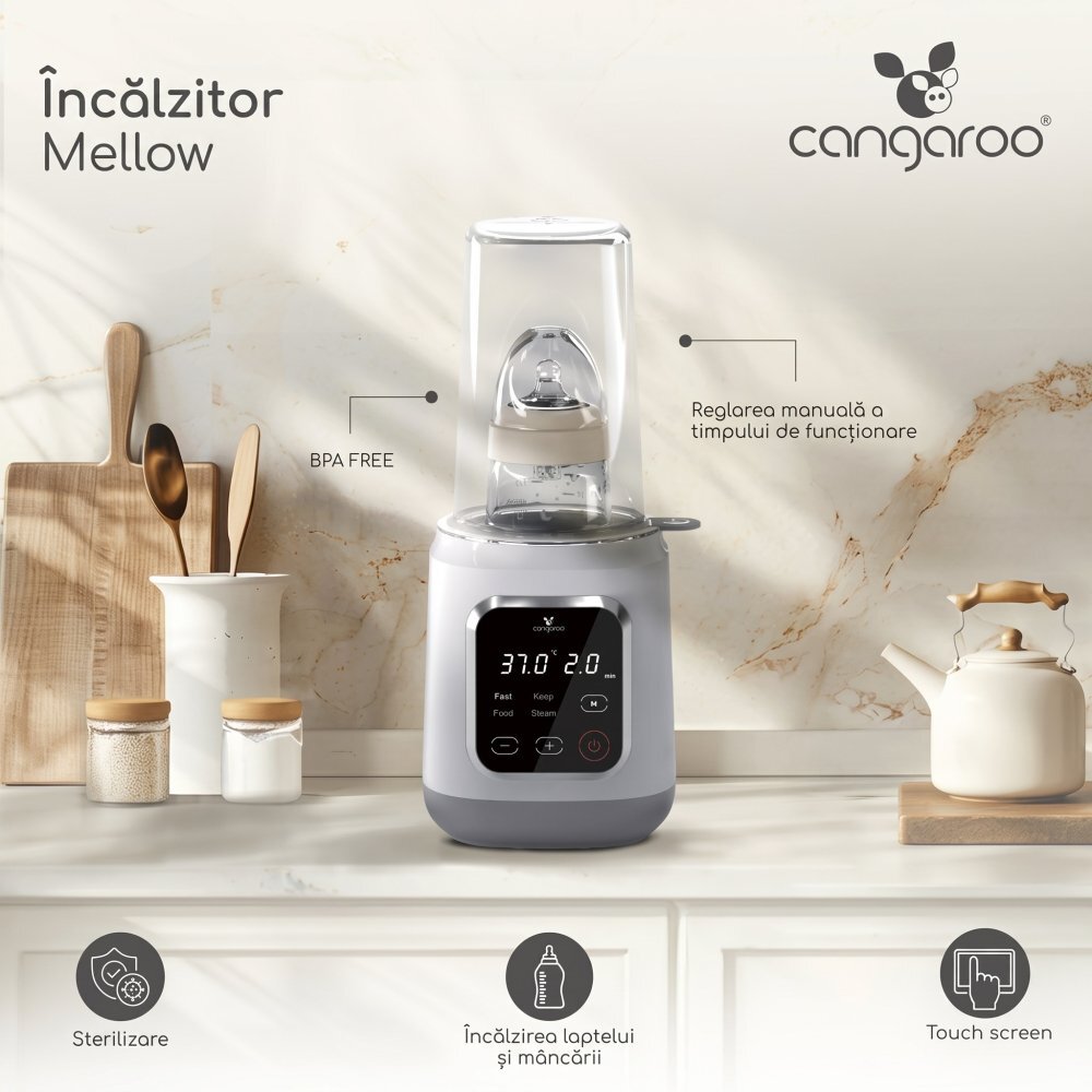 CANGAROO Incalzitor electric pentru biberoane Mellow cu 4 functicontrol digital dimensiuni compacte oprire automata