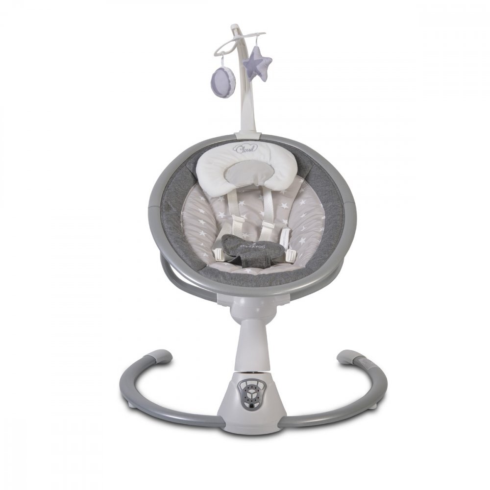 CANGAROO Leagan electric bebelusi Swing Cloud Grey Stars cu sezut reglabil5 viteze de leganaretemporizatorsezut rotativ 90gradepernuta reductorcenturi de sigurantaadaptor priza inclus