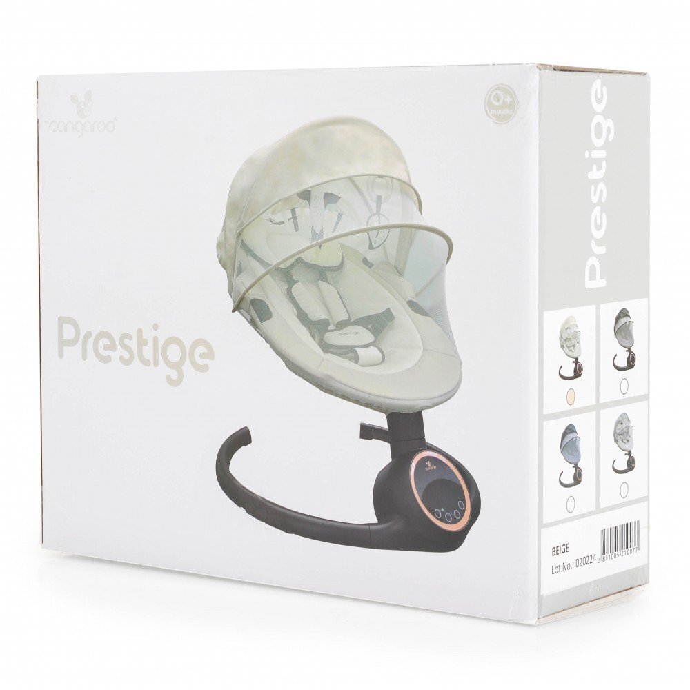 CANGAROO Leagan electric pentru bebelusi Prestige Beige cu telecomandasenzor miscare5 viteze de leganarecronometru bluetoothpernutabaldachin cu jucarii si plasa insectehusa detasabilacentura sigurantaadaptor inclus