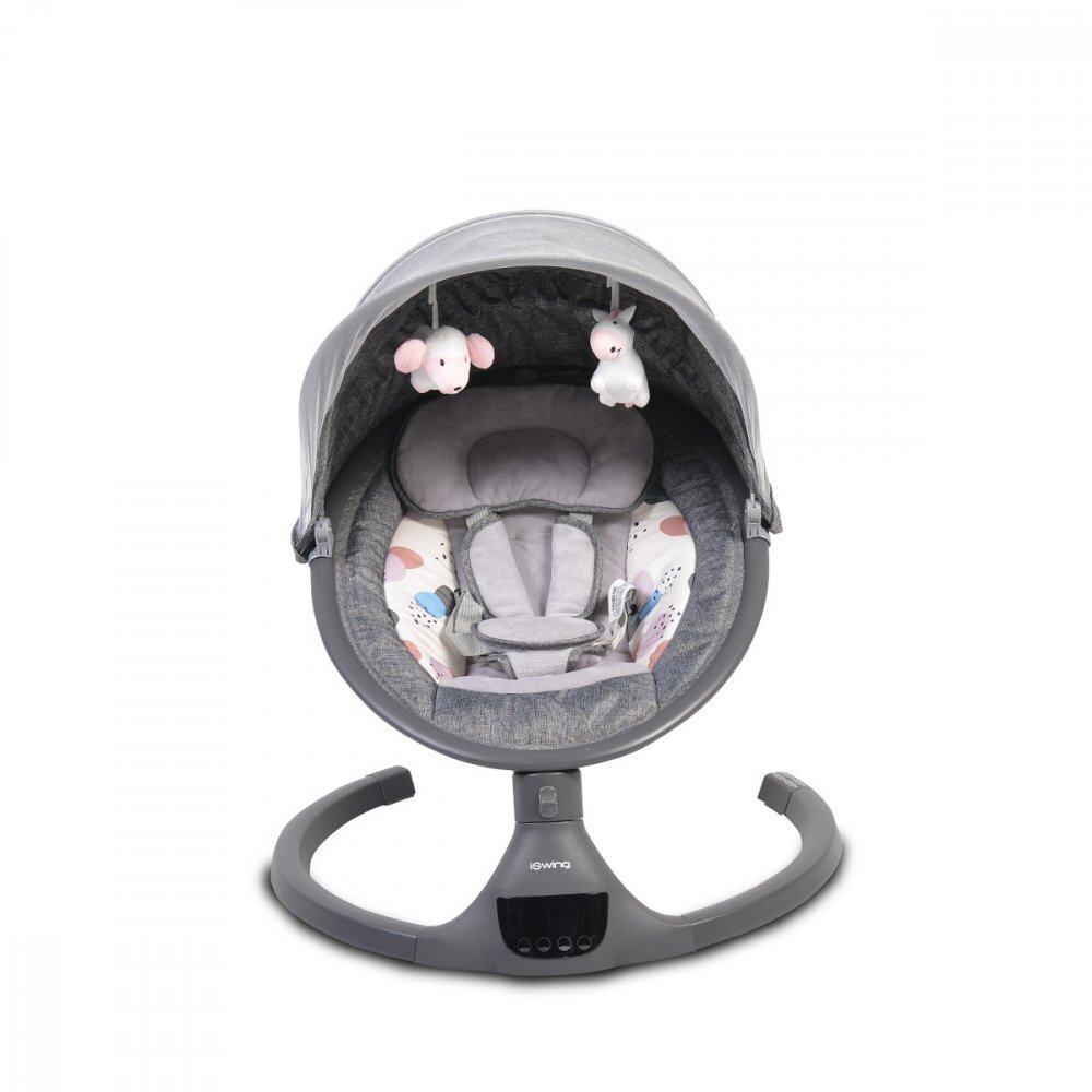 CANGAROO Leagan electric pentru copii cu telecomanda ISwing Dark Greysezut rotativ 360parasolar reglabil si detasabil5 viteze de leganarecronometruadaptor prizahusa de insecte si pernuta reductor