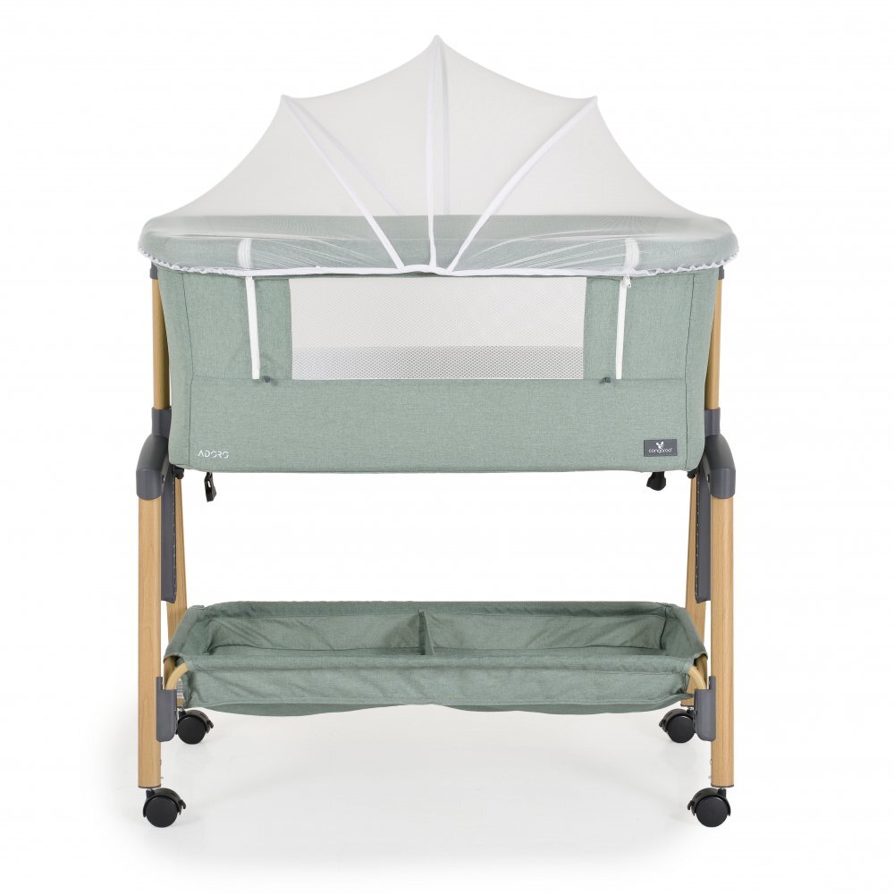 CANGAROO Patut Co-Sleeper Adoro Green 90x53 cm cu laterala culisanta Saltea si Plasa de insecte incluse Spatiu depozitare 7 nivele de reglare a inaltimii Roti cu frana