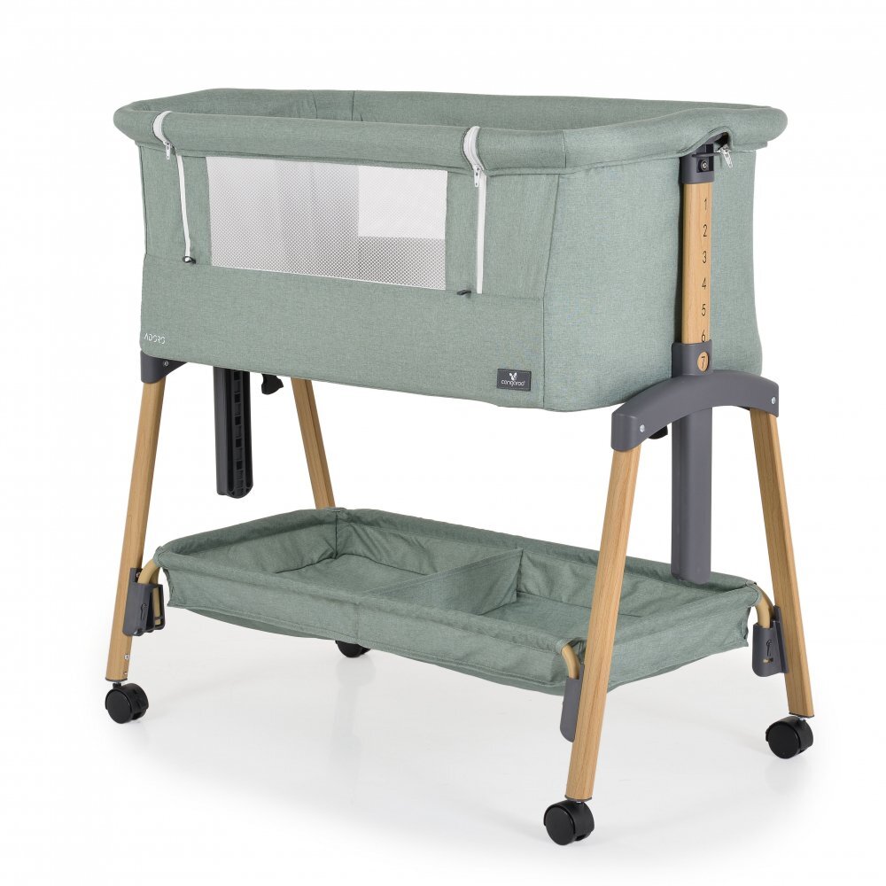 CANGAROO Patut Co-Sleeper Adoro Green 90x53 cm cu laterala culisanta Saltea si Plasa de insecte incluse Spatiu depozitare 7 nivele de reglare a inaltimii Roti cu frana