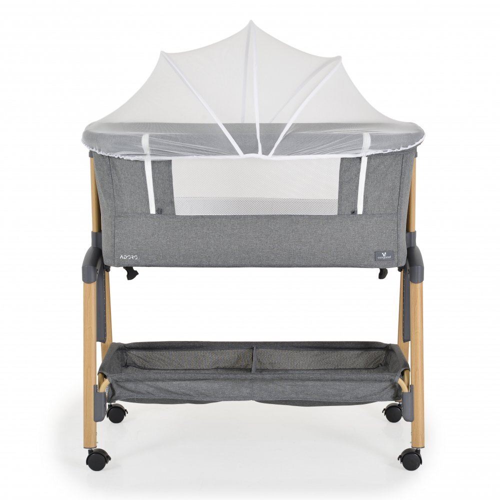 CANGAROO Patut Co-Sleeper Adoro Grey 90x53 cm cu laterala culisanta Saltea si Plasa de insecte incluse Spatiu depozitare 7 nivele de reglare a inaltimii Roti cu frana
