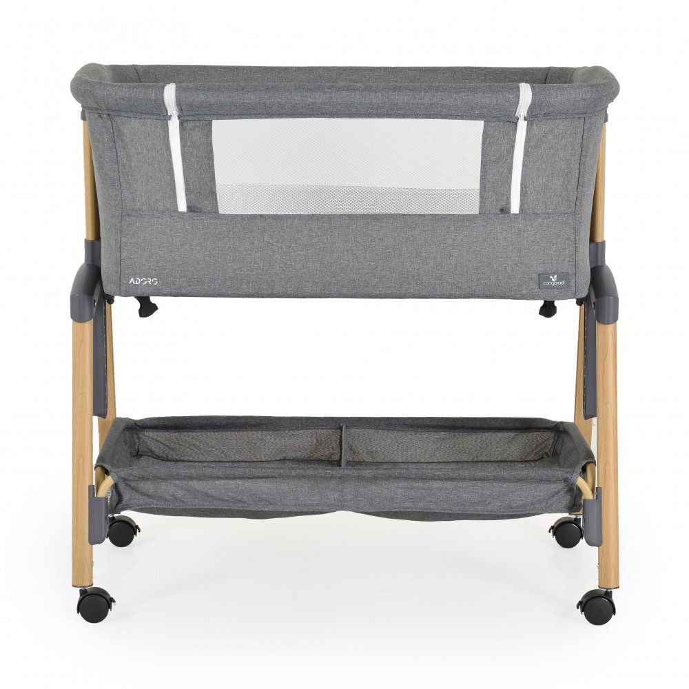 CANGAROO Patut Co-Sleeper Adoro Grey 90x53 cm cu laterala culisanta Saltea si Plasa de insecte incluse Spatiu depozitare 7 nivele de reglare a inaltimii Roti cu frana