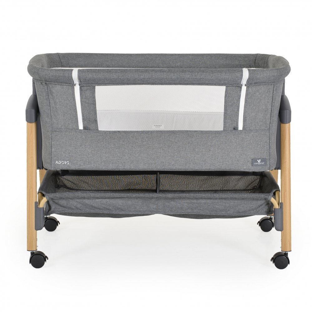 CANGAROO Patut Co-Sleeper Adoro Grey 90x53 cm cu laterala culisanta Saltea si Plasa de insecte incluse Spatiu depozitare 7 nivele de reglare a inaltimii Roti cu frana