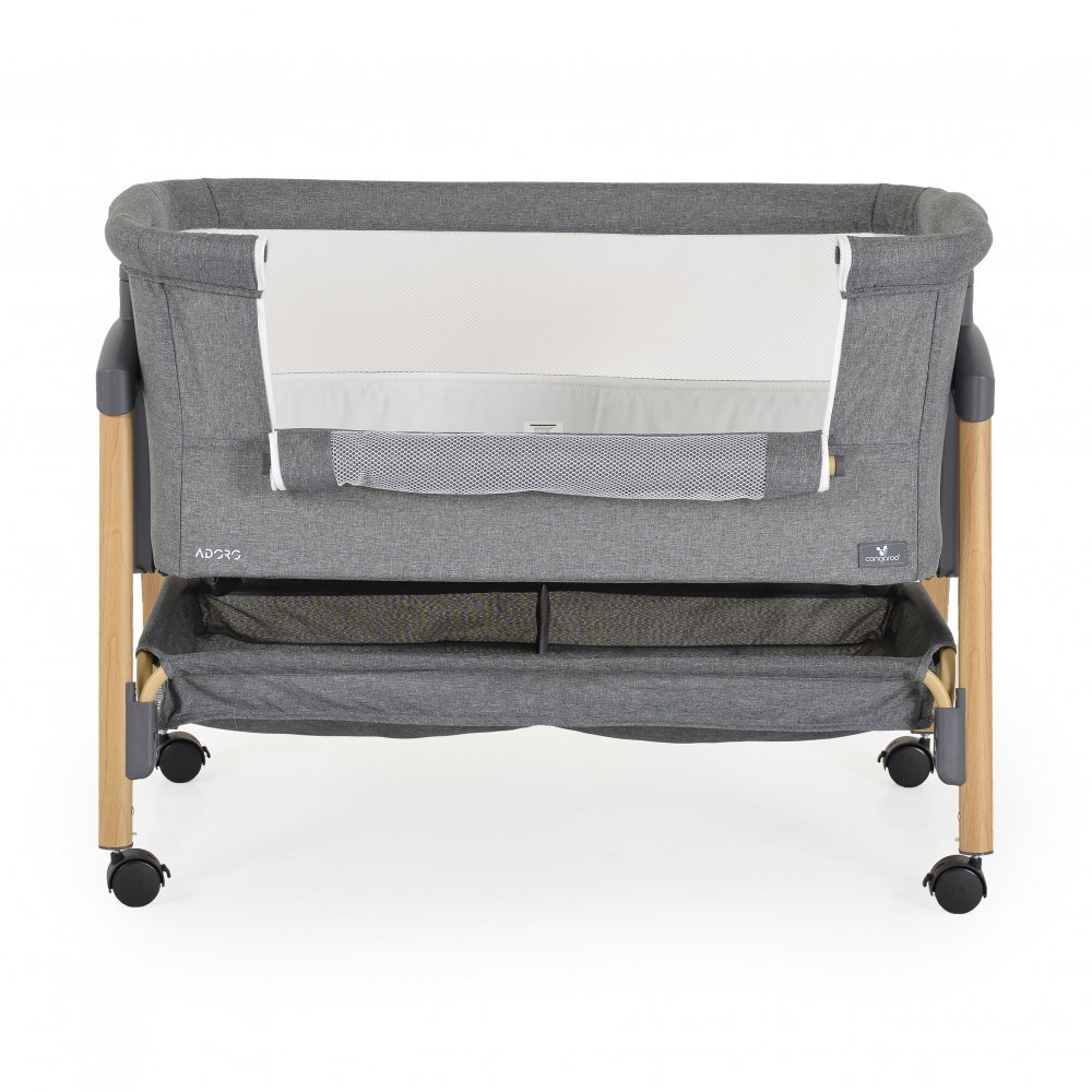 CANGAROO Patut Co-Sleeper Adoro Grey 90x53 cm cu laterala culisanta Saltea si Plasa de insecte incluse Spatiu depozitare 7 nivele de reglare a inaltimii Roti cu frana